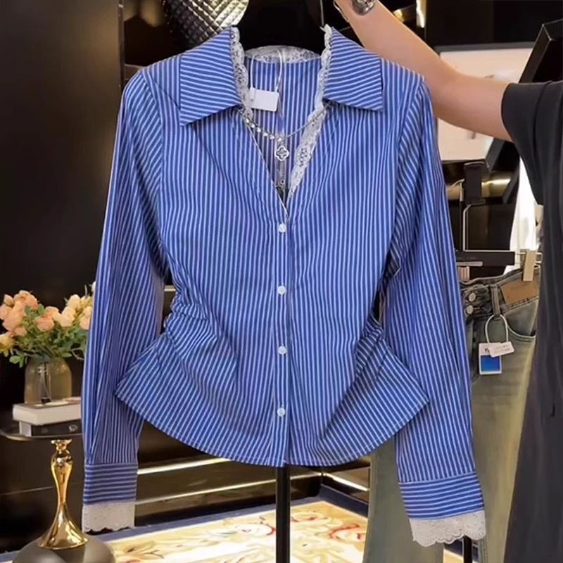 Polo Shirt Slim - Elegant Lace Patchwork Pleated Slim Blouse