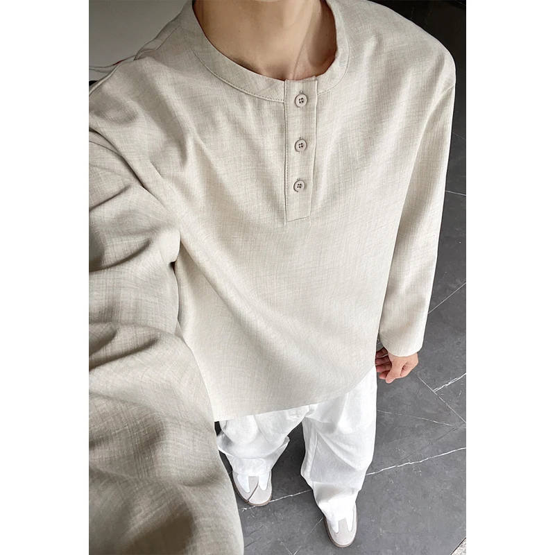 Mens Fashion Casual - Mens Casual Faux Linen Henley Tee