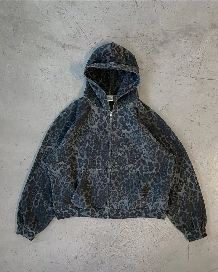 Retro Y2K Leopard Print Zipper - Mens Fashion Zip Up Hoodies recension och pris