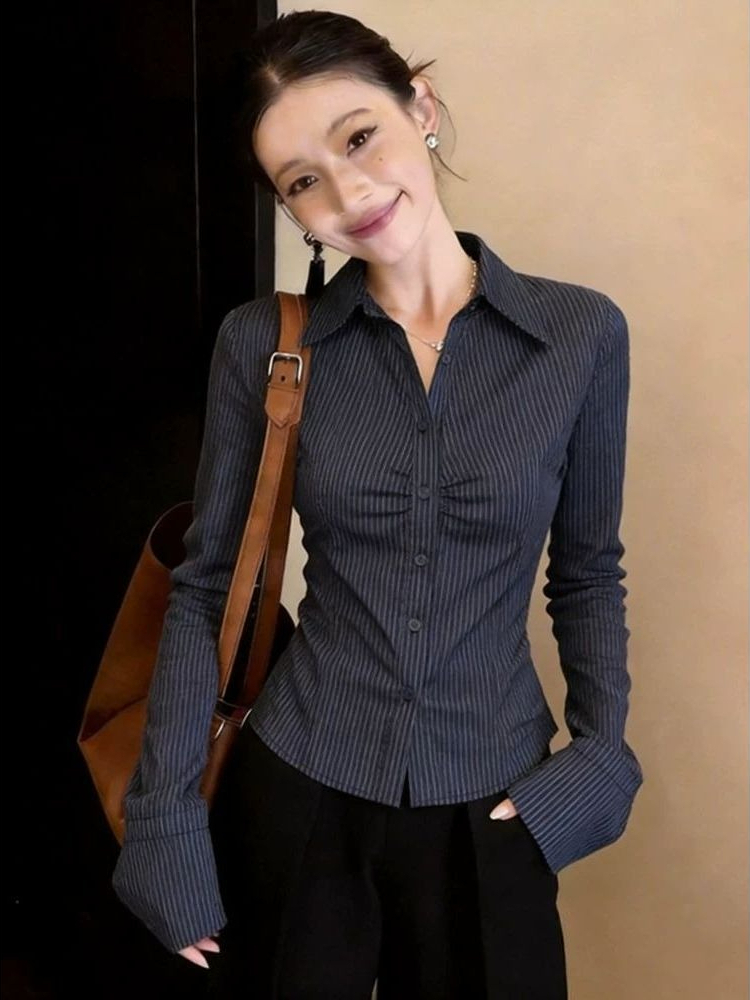 Navy Blue Striped Long Sleeve  - Polo Shirt Slim recension och pris
