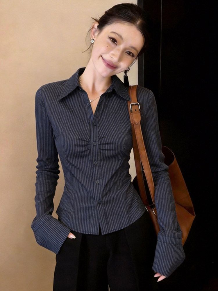 Navy Blue Striped Long Sleeve  - Polo Shirt Slim recension och pris