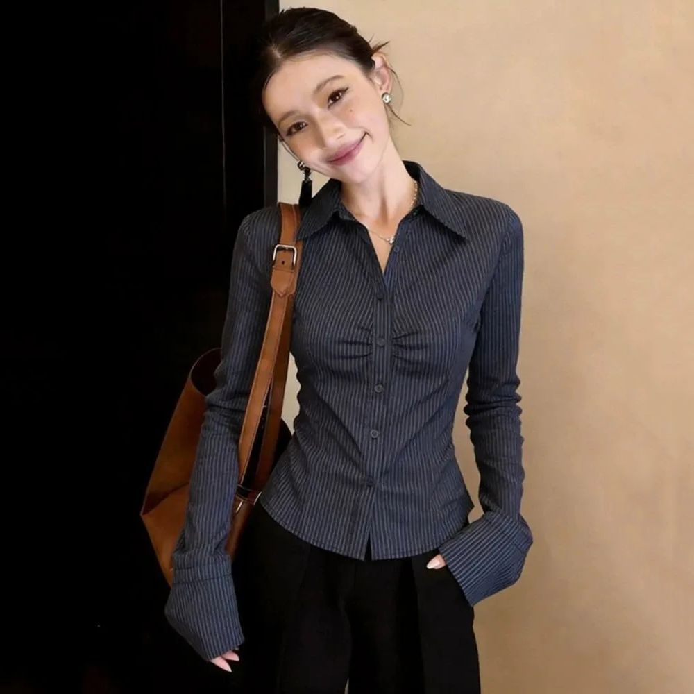 Navy Blue Striped Long Sleeve  - Polo Shirt Slim recension och pris