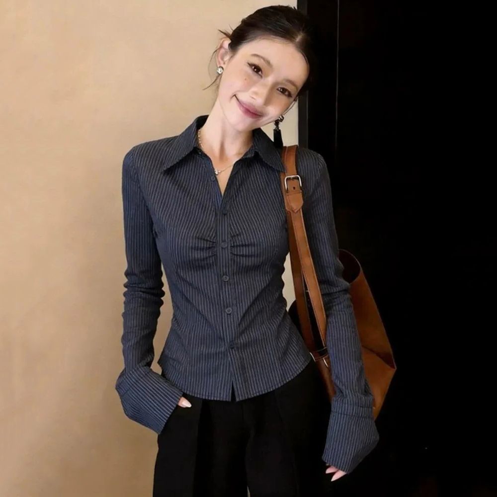 Navy Blue Striped Long Sleeve  - Polo Shirt Slim recension och pris