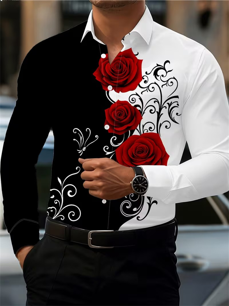 Men's Red Rose Print Long-Slee - Mens Fashion Casual recension och pris