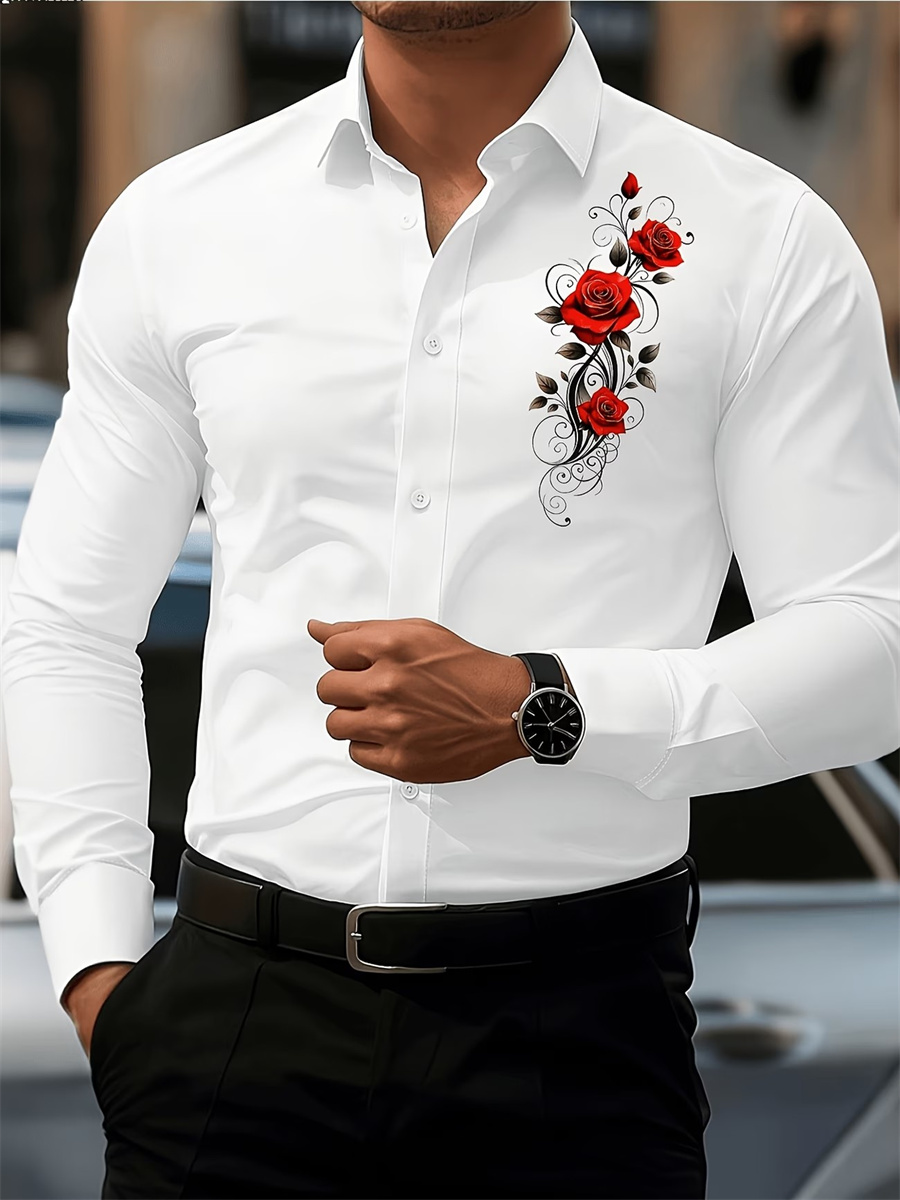 Men's Red Rose Print Long-Slee - Mens Fashion Casual recension och pris
