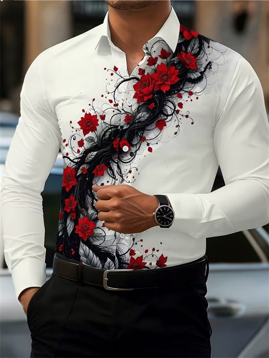 Men's Red Rose Print Long-Slee - Mens Fashion Casual recension och pris
