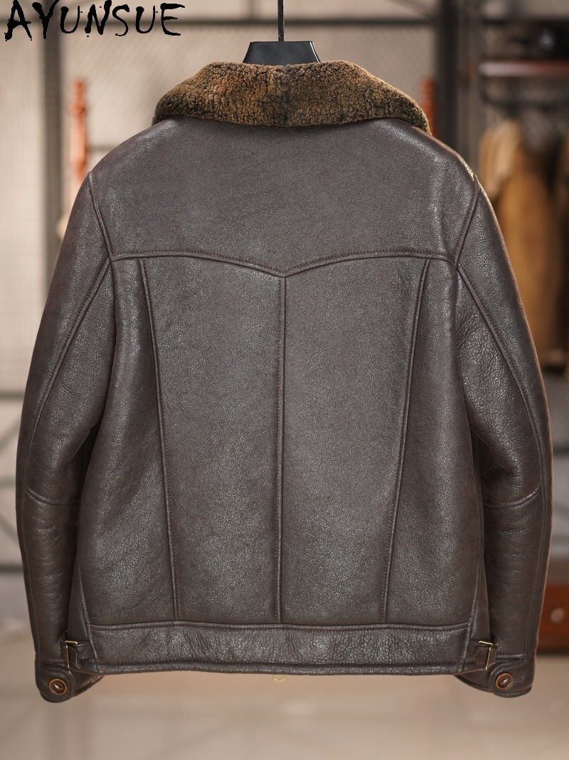 AYUNSUE 100% Natural Fur Coat  - Men'S Fashion Leather Jacket recension och pris